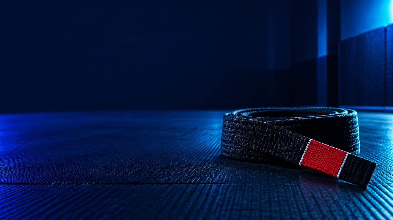 Black belt resting on a dark Jiu Jitsu mat